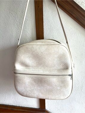 Vintage 60s Cream Vinyl Crossbody Travel Luggage